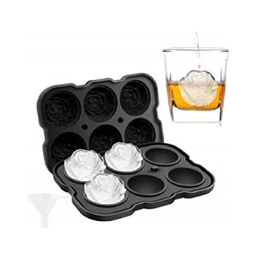 Imagem de Bandeja para cubos de gelo, molde de silicone em forma de rosa com capa, fácil liberação com 6 cavidades, máquina de gelo rosa grande para coquetéis gelados, uísque, suco caseiro (preto)