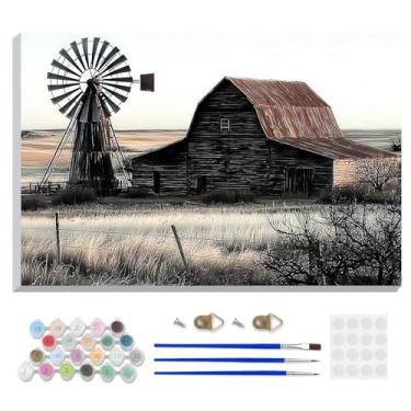 Imagem de DOMROM Kit de pintura emoldurada por números para adultos iniciantes com cavalete de madeira, kit de pintura de celeiro de fazenda DIY por número em tela, kits de pintura a óleo DIY para decoração de