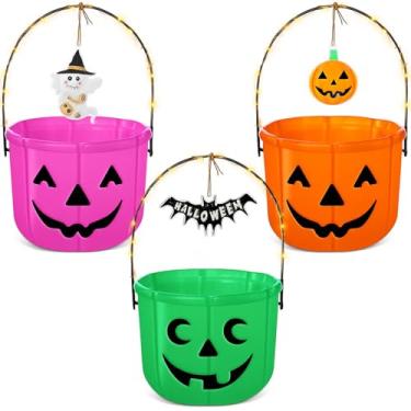 Imagem de LemonRoad 3 conjuntos de baldes de doces ou travessuras de Halloween com alça e cordão leve e widgets, cesta de doces Jack O Lantern para suprimentos de festa de Halloween doces (laranja, verde, rosa