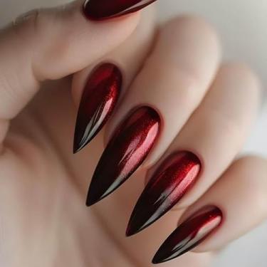 Imagem de Unhas postiças em formato de amêndoa, comprimento médio, glitter com ponta francesa, cola nas unhas com design ombré vermelho, unhas artificiais, estileto, unhas postiças para mulheres, 24 peças