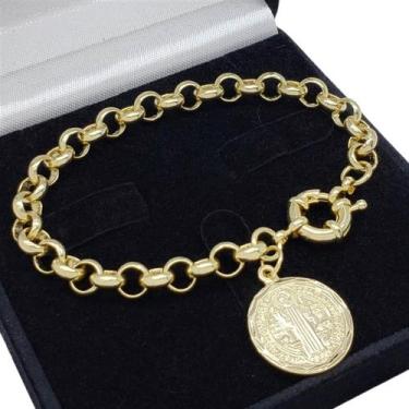Imagem de Pulseira Elos Portugueses 8mm Medalha São Bento Banho De Ouro 18k 3736