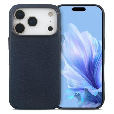 Imagem de Capa QUARK Couro Legítimo para iPhone 17 Pro Max Compatível MagSafe, Proteção Premium Couro Bovino Grao Litchi, Capa Protetora Anti-choque e Slim, Forro Microfibra Suave, Azul