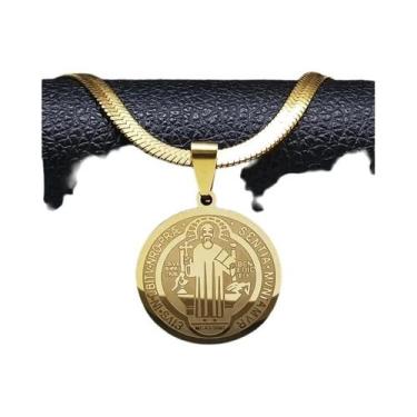Imagem de Colar Com Pingente Medalhão De São Bento Hip Hop Masculino Em Aço Inox