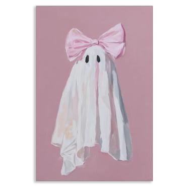 Imagem de OAOPIC Arte de parede em tela de fantasma de arco rosa, pôster de Halloween pastel, imagem extravagante divertida de quarto feminino fantasmagórico, decoração de parede assustadora fofa para outono