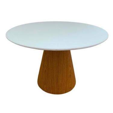 Imagem de Mesa de Jantar Cone Redonda 110cm Base Freijó Tampo Laca Branca+Vidro 