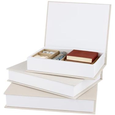 Imagem de MOUYAT Conjunto de 3 caixas decorativas modernas de linho e madeira falsa, prateleira de mesa de centro bege para sala de estar