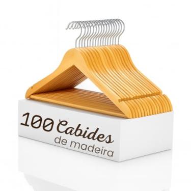 Imagem de Kit 100 Cabides de Madeira Adulto Reforçado com Gancho Giratório