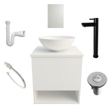 Imagem de Kit Gabinete de Banheiro Lavabo com Cuba Espelho Torneira Preta Valvul