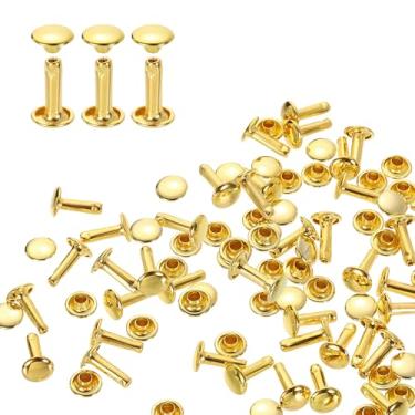 Imagem de HARFINGTON 100 conjuntos de rebites de tampa dupla, 8 x 12 mm, aço carbono, cabeça redonda, parafusos, parafusos tubulares de metal para decoração de artesanato em couro, ouro