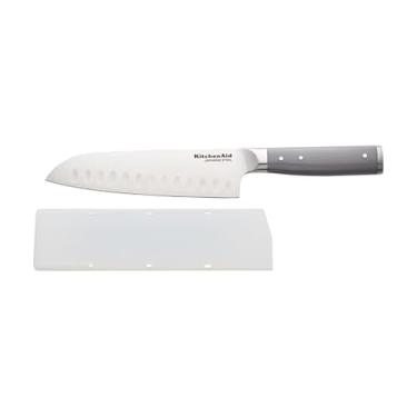 Imagem de KitchenAid Gourmet Forged Santoku Capa de ajuste personalizado, faca de cozinha afiada, lâmina de aço inoxidável japonês de alto carbono, 18 cm, cinza