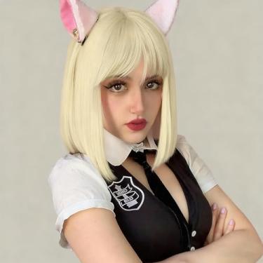 Imagem de SUKRI Peruca loira bob com franja loira platinada para mulheres, perucas sintéticas resistentes ao calor, uso diário para festa de Halloween (30,5 cm)