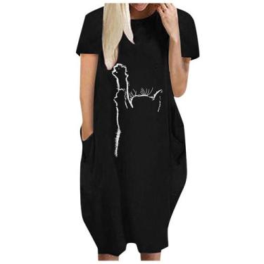 Imagem de Moda Feminina Loose Love Print O-neck Bolsos Casual Vestido de mangas 