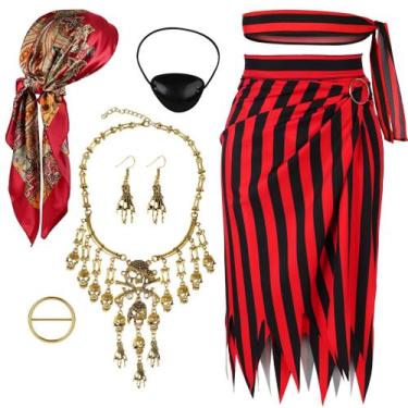 Imagem de Conjunto feminino de fantasia pirata Angelaicos com acessórios vermelh