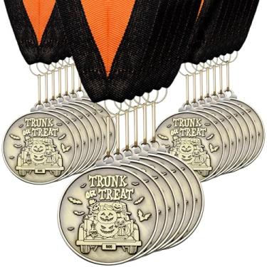 Imagem de Kenning 20 medalhas de Halloween para porta-malas ou travessuras de 5 cm bronzy Trunk or Treat Award com fita de pescoço padrão de fantasma de abóbora para decoração de festa de Halloween
