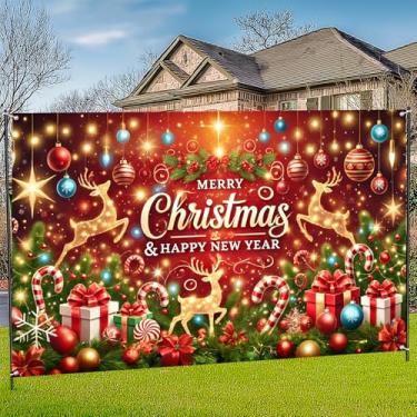Imagem de Grandes decorações de banner de Natal bandeira vermelha presentes de feliz natal para decoração de casa interna suprimentos de festa, fundo de placa de quintal para fotografia (vermelho-1, 71 x 43