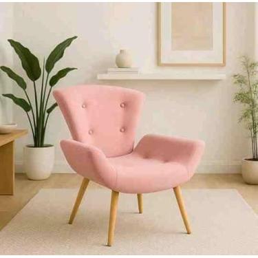 Imagem de Poltrona Decorativa Aveludada Canoa Luxo Confortável Pés Madeira Sala e Escritório (Rosa)