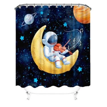 Imagem de Canvbay Cortina de chuveiro espaço sideral astronauta toca violão flauta de violino cortina de banho engraçado universo tema músico cortina de banheiro para crianças meninos acessório de banheiro com