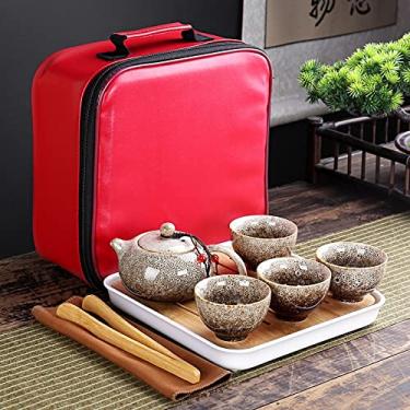 Imagem de Conjunto de chá de cerâmica saco de viagem conjunto de chá um pote quatro xícaras forno ao ar livre transformação xishi pote multicolor chá designer copos de presente (cor: verde claro, tamanho: mais