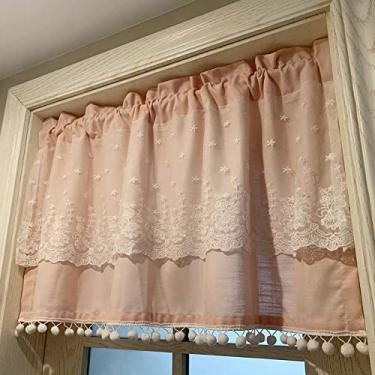 Imagem de Cortina curta cortina de cozinha meia cortina de cozinha Quadrado de algodão flor bonita estilo café cortinas rosa bloqueio de luz cortinas de meia janela com cortinas de nível de renda H53 cm * W15