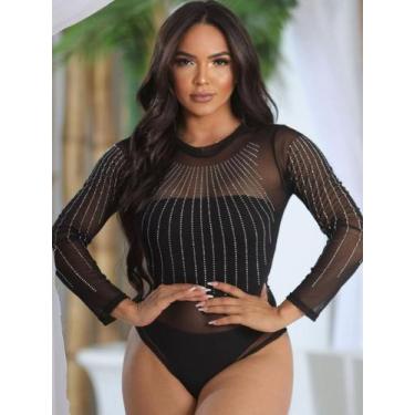 Imagem de Body chuva manga longa com pedrarias de brilho - Poderosa Modas, Preto