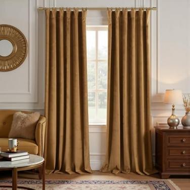 Imagem de Cortinas blackout de veludo rústico vintage marrom dourado 213 cm de comprimento para sala de estar, cortinas de luxo plissadas térmicas de inverno maximalista blackout para quarto 132 x 213 cm
