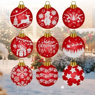 Imagem de Fukaisu 9un. Placas de Natal Bolas, 32x26cm Placa Natal Vermelha e Branca Estaca Decoração de Boneco Neve com Floco para Suprimentos Férias Inverno