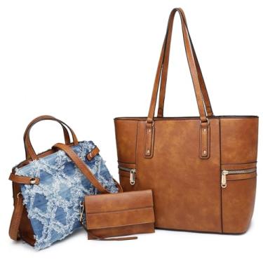 Imagem de VANSARTO Bolsas e bolsas femininas bolsa de ombro alça superior conjunto de bolsa com carteira grande bolsa de trabalho 3 peças, Marrom/jeans, Large