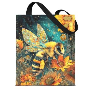 Imagem de Bolsa feminina de lona floral de abelha mística vintage girassóis abelha estética reutilizável mercearia bolsa de ombro para compras, trabalho, viagem, praia