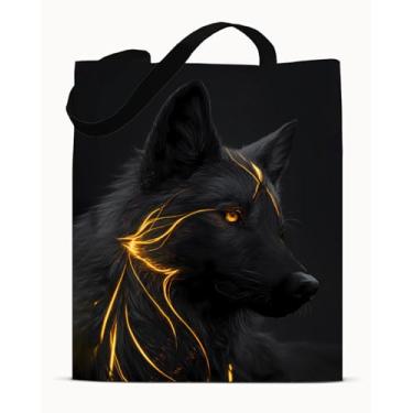 Imagem de Bolsa de ombro preta e dourada com estampa de animal de lobo - bolsa de ombro reutilizável para compras, trabalho, viagem, praia