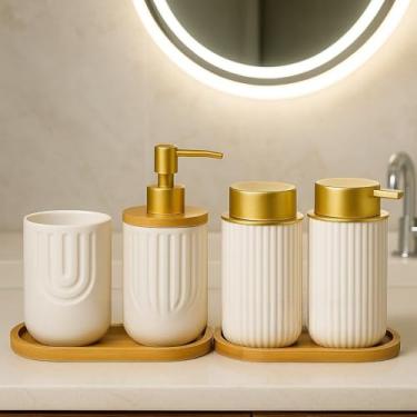 Imagem de Kit Banheiro Lavabo em Cerâmica com Porta Sabonete Líquido e Porta Escova de Dente – Conjunto Elegante para Decoração e Organização do Banheiro (GRANITO BRANCO)