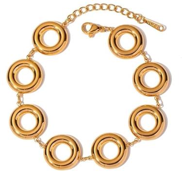 Imagem de Pulseira de elos circulares geométricos – joia minimalista de aço inoxidável dourado para mulheres, design moderno interligado, pulseira de corrente empilhável, One Size, Aço inoxidável, Sem Pedra