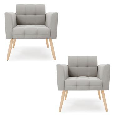 Imagem de Kit 2 Poltronas Elisa Veludo Cinza Pés Palito Natural - D'Rossi