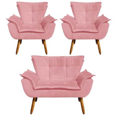 Imagem de Kit 01 Namoradeira e 02 Poltronas Opala Suede Pés Palito