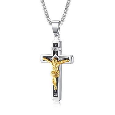 Imagem de Rockyu Colar masculino com cruz de aço inoxidável, prata, pingente de cruz de Jesus Cristo católico no crucifixo INRI, corrente de joias cristãs, 55 cm, Aço inoxidável, Sem Pedra Preciosa