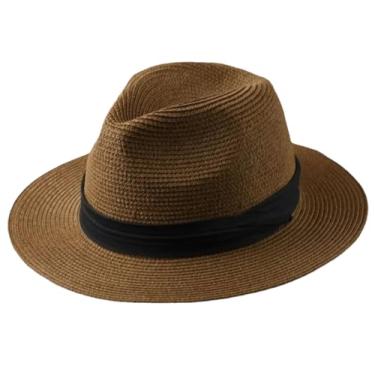 Imagem de Chapéu de palha masculino dobrável cabeça grande chapéu panamá verão chapéu de cowboy praia areia sol chapéu fedora café 55 cm-57 cm