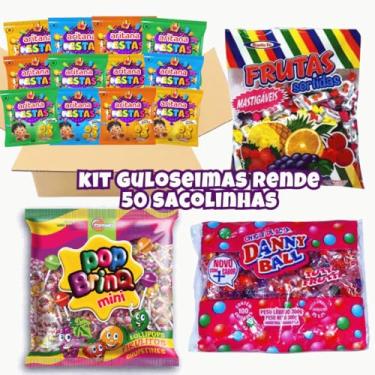 Imagem de Kit 4 Guloseimas Rende 20/30/40/50/60/100 Sacolinhas Lembrancinhas Aniversário Infantil Salgadinho Bala Pirulito Chiclete (Rende 50 sacolinhas, Salgado)