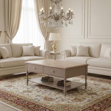 Imagem de Mesa de Centro 2 Gavetas Tampo de Madeira Maciça Escovada Pés Torneados Louise Cinza/Patina