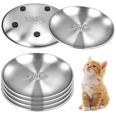 Imagem de Pratos de aço inoxidável para gatos com padrão de espinha de peixe, pratos de comida de metal para gatos, 17 cm de largura, pratos fofos com almofada antiderrapante para gatos em ambientes internos, 6