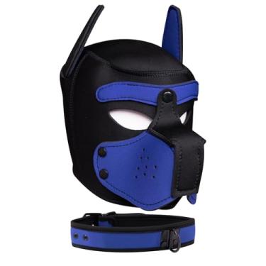 Imagem de ZZRBVFH Capuz para filhotes, máscara de neoprene com focinheira e coleira removíveis, rosto de cachorro completo (9 cores) (azul)