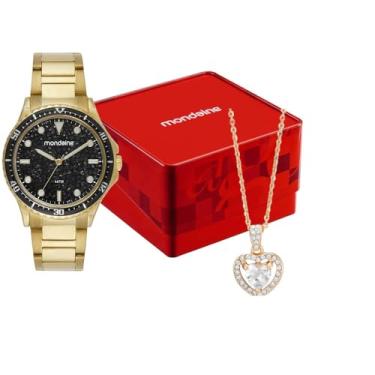 Imagem de Mondaine Kit Relógio Feminino Dourado Elegante Aço Colar