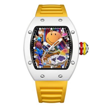 Imagem de Gosasa Relógio masculino moderno colorido com rosto sorridente – Relógio de pulso masculino Tonneau criativo moderno com pulseira de silicone, design luminoso exclusivo para presente, Amarelo