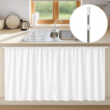 Imagem de Kit 2 Cortinas Pia Cozinha Impermeável PVC Blackout + Varão extensível