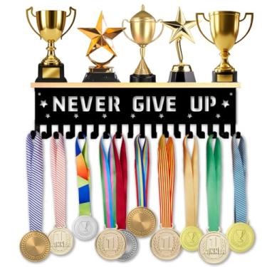 Imagem de SUPERDANT Suporte de medalhas Never Give Up, prateleira de madeira para troféu, com 18 ganchos, suporte de metal, suporte de medalha, suporte de medalha esportiva, suporte de fita, presente para