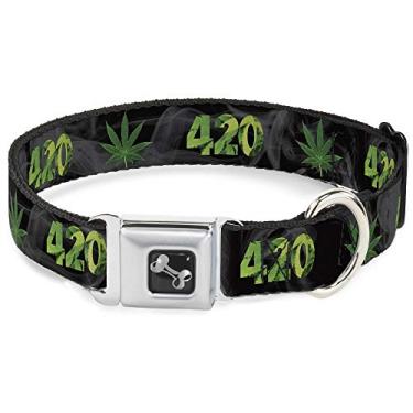 Imagem de Buckle-Down Coleira para cães com fivela de cinto de segurança - 420/folha de maconha preta/fumê/verde - 3,8 cm de largura - serve para pescoço de 40,6 a 58,4 cm - Médio