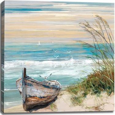 Imagem de Arte de banheiro náutico decoração de parede costeira barco na praia imagem de tela praia barco a remo decoração de parede oceano gaivota paisagem marítima impressão em tela arte de pássaro marinho