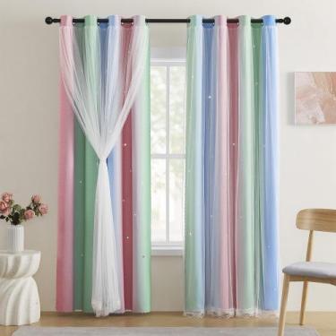 Imagem de Cortinas XiDi Pink Blackout com arco-íris e unicórnio 86x183cm