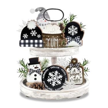 Imagem de Guoofu 11 peças de decoração de bandeja de inverno em camadas, chapéu de neve, luva de floco de neve, conjunto de decorações de madeira, tábua de corte de café, placas decorativas de madeira rústica