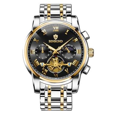 Imagem de W WOLF-CUB Relógio masculino masculino 30 m, à prova d'água, turbilhão, fase da lua, aço inoxidável, casual, cronógrafo, quartzo, masculino, Dourado e preto