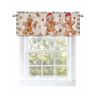 Imagem de Cúrcuma sanefa de Natal homem de gengibre para janelas chapéu vintage vermelho cortinas de saia de cozinha para janelas de sala de estar/banheiro, bolso de varão, cortina de café. 1 painel, 137 cm ×