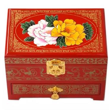 Imagem de Only My Live Home Caixa de joias pintada à mão com trava de gavetas, espelho, armazenamento de joias de madeira estilo chinês de 3 camadas com antiguidade, presente de casamento (vermelho (caipeônia